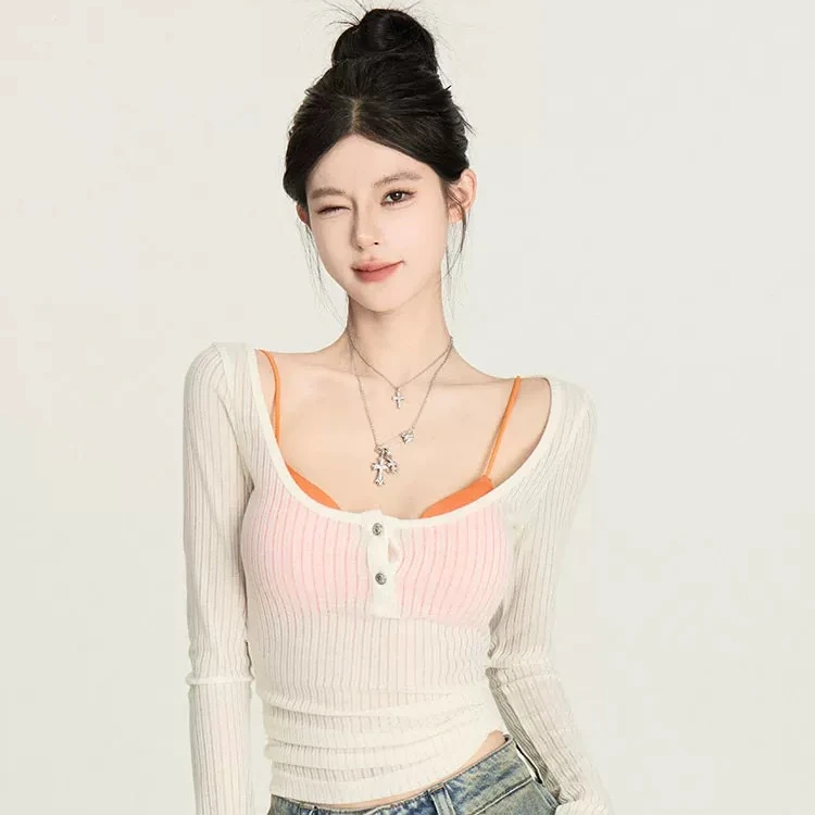 【七玺】亨利领柔软触感竖条纹打底衫女早春新款内搭修身长袖T恤