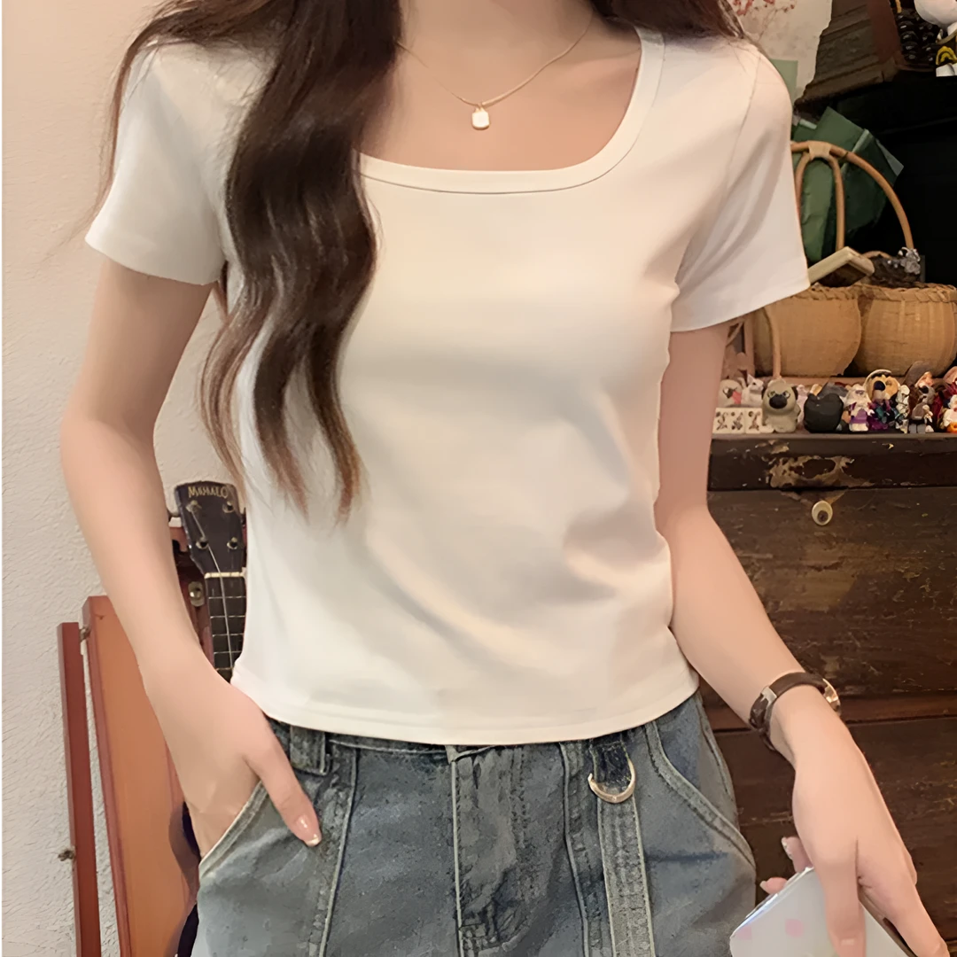 新款方领正肩女夏纯色短袖T恤