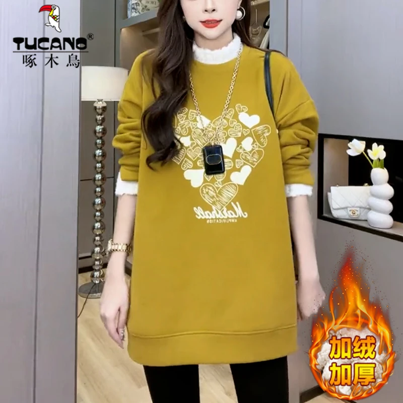 啄木鸟中长款遮屁股卫衣女士2025秋冬装加绒加厚时尚洋气外套上衣