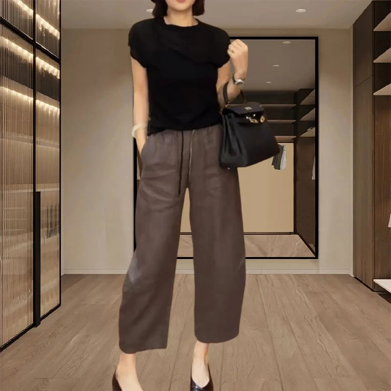 复古时尚高腰休闲直筒裤女2025夏季薄款妈妈洋气减龄时髦哈伦裤子
