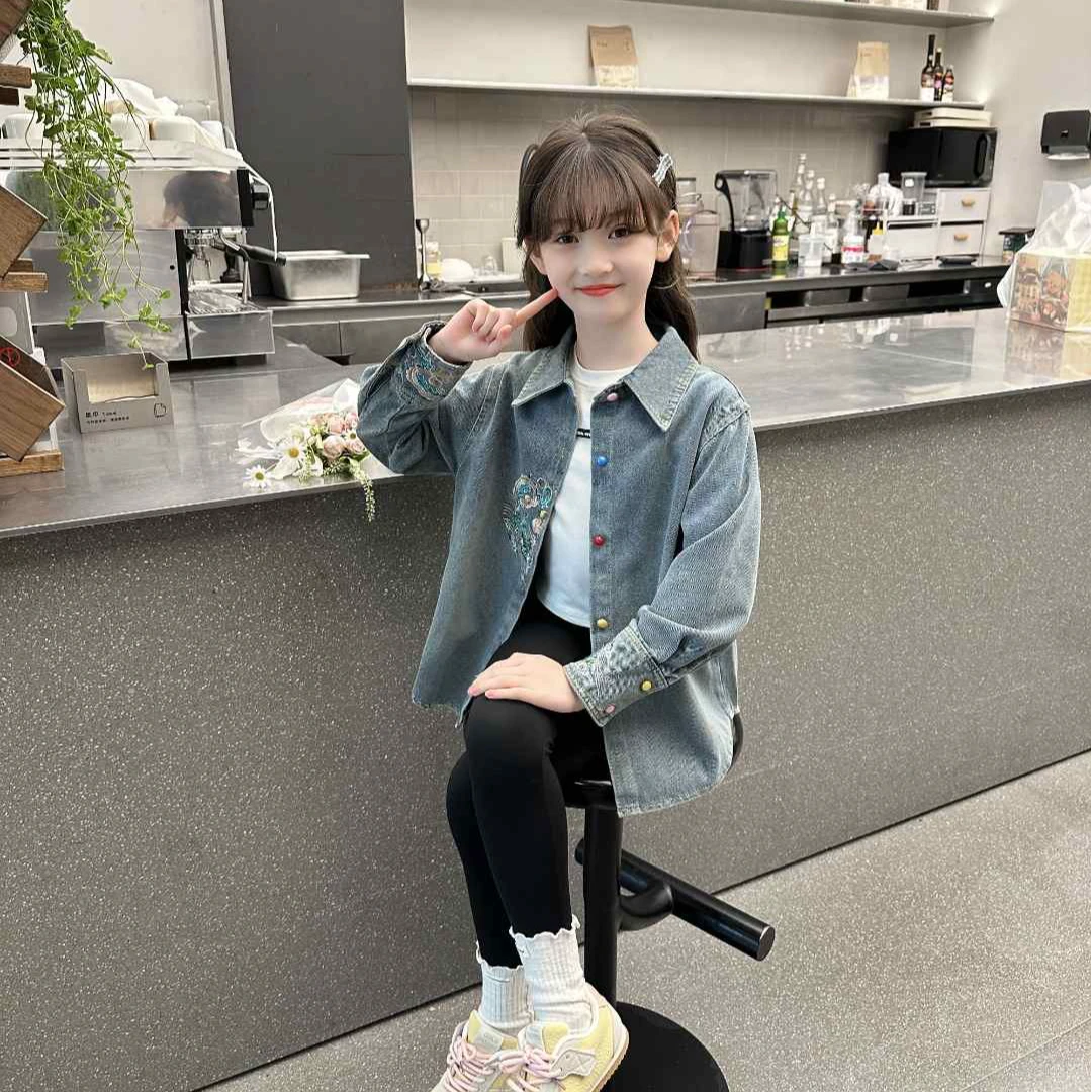 女童2025春秋季新款国风衬衣时尚洋气爆款中大童儿童女孩牛仔外套
