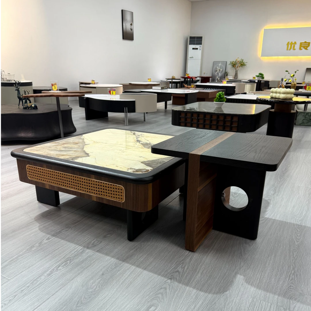 意式极简岩板茶几简约现代小户型客厅家用高级方形组合中古风茶几