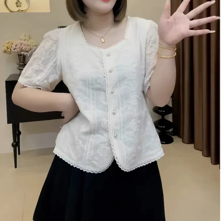 大码法式杏色蕾丝短袖衬衫女夏季新款微胖mm显瘦气质女士小衫上衣