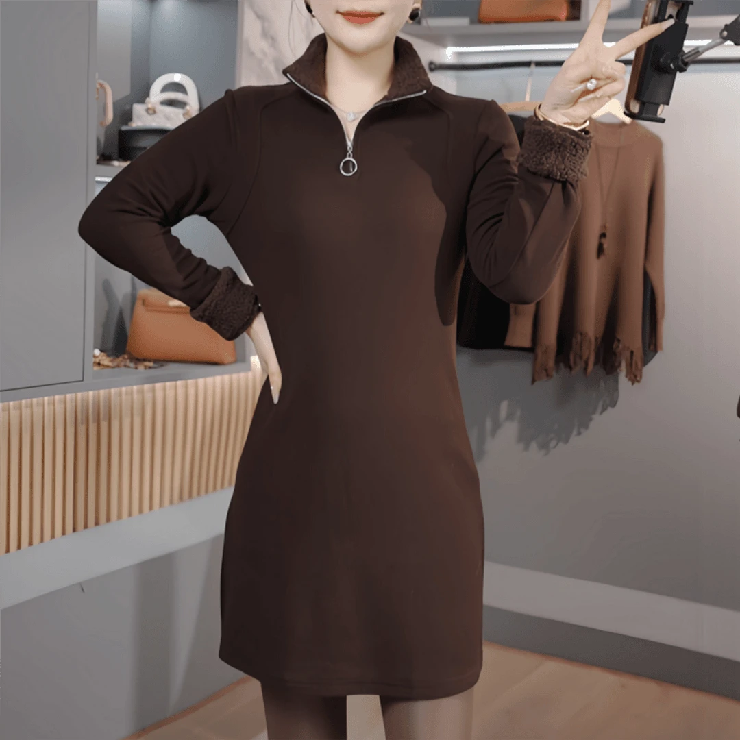 简约半拉链加绒长袖T恤女秋冬新款宽松加厚保暖中长款打底衫上衣