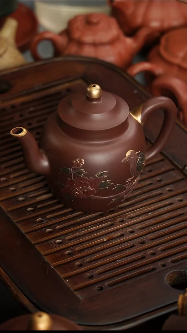 茶壶紫砂高*寨宜兴紫砂黑心土宫灯200毫升