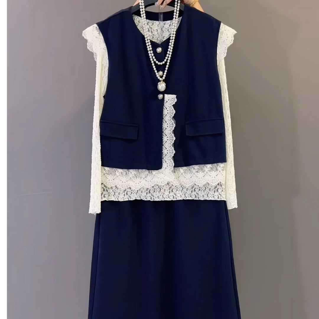 韩版秋季新款蕾丝内搭马甲搭配半身裙时尚女装穿搭三件套装