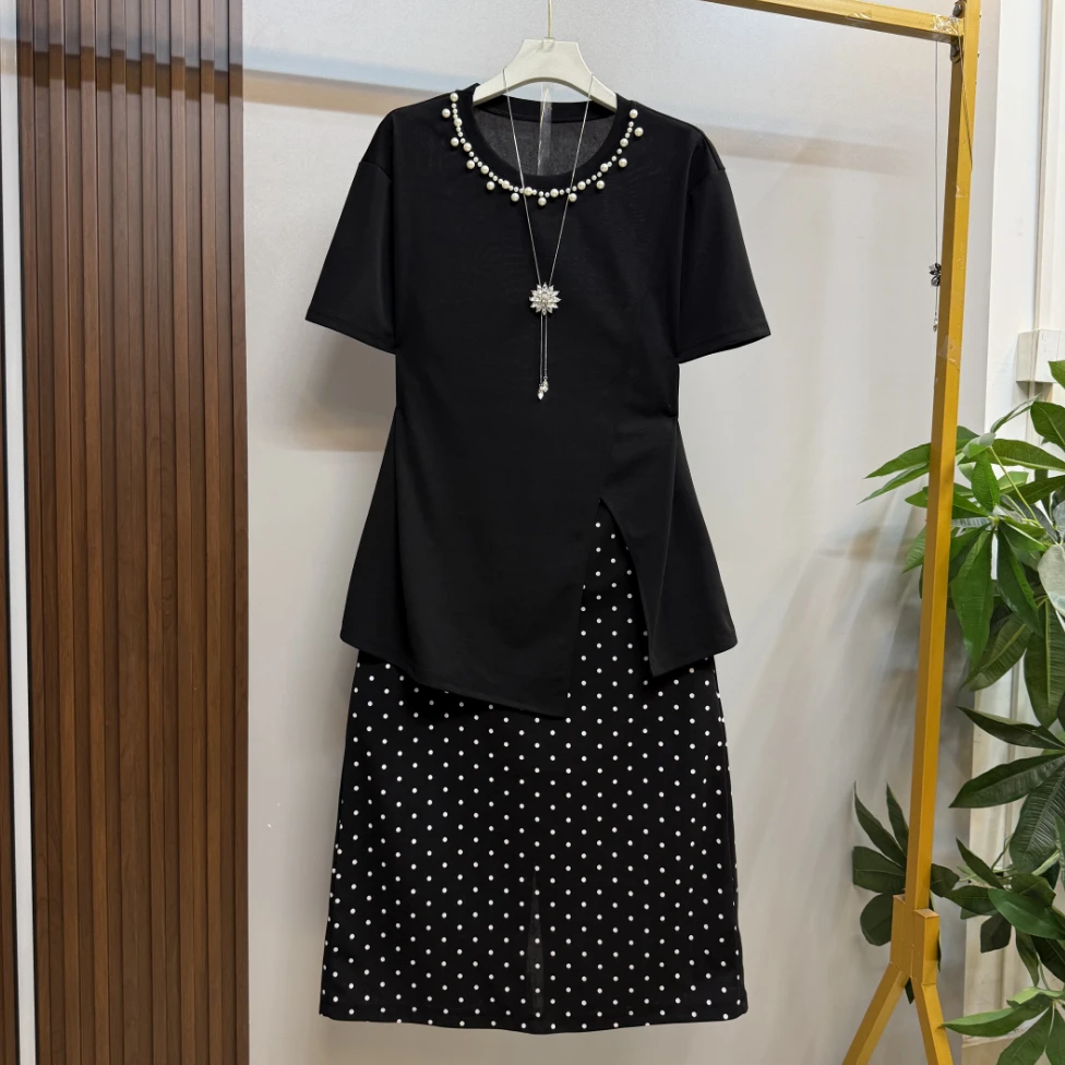 新款大码女装时尚气质重工钉珠圆领开叉上衣十半身裙两件套套装