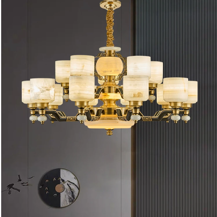 新中式全铜玉石客厅别野吊灯复式楼客厅吊灯家用餐厅