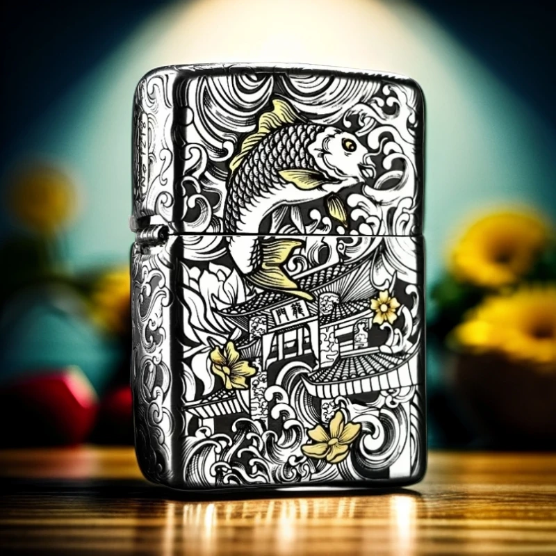 【老李推荐】zippo打火机鱼跃龙门/关公/唐草错金银钢壳套壳PWJ1