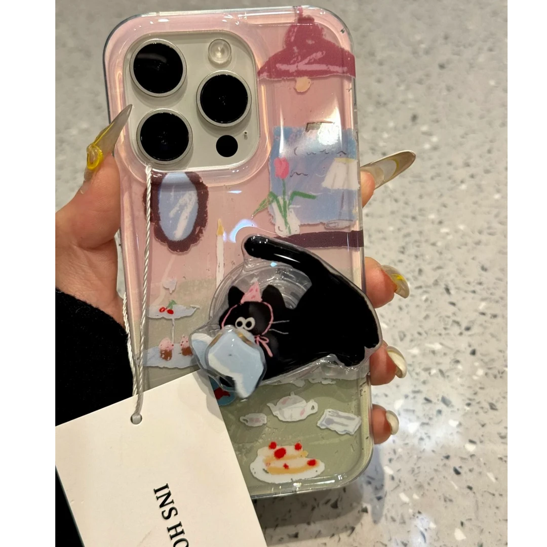 下午茶黑猫适用苹果华为vivo小米oppo女款iphone15/16/14荣耀壳