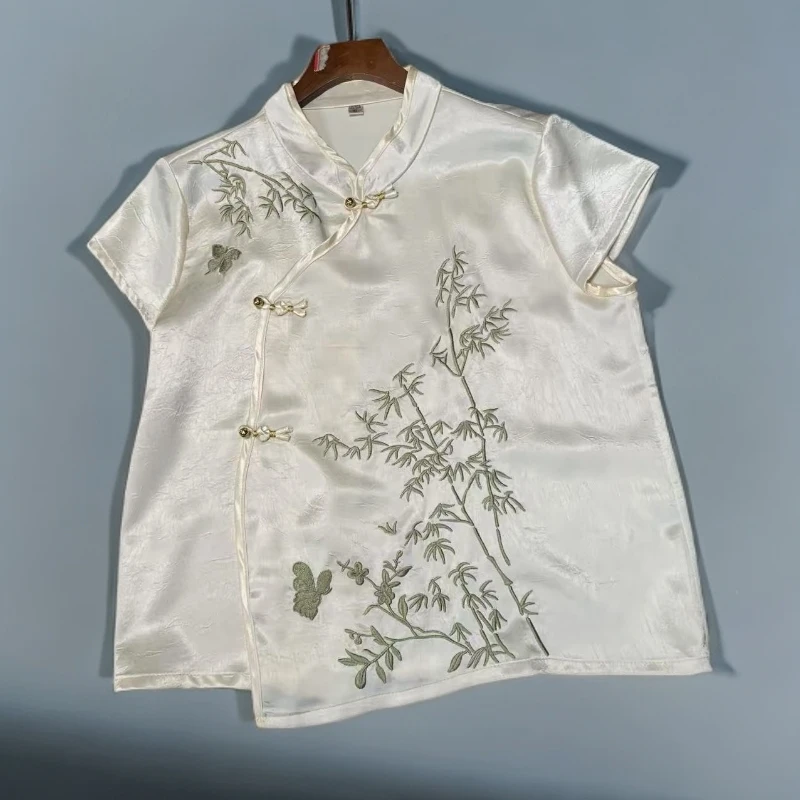 新中式斜门襟醋酸丝滑凉快重工刺绣旗袍短袖上衣2025款原创正品