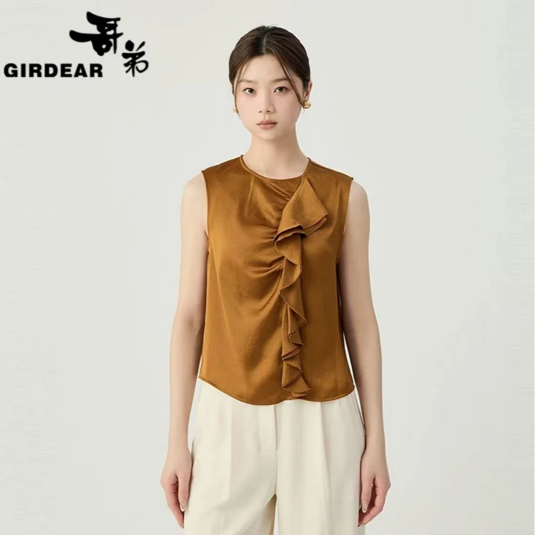 哥弟品质女装青春时尚百搭气质捏褶荷叶边通勤无袖上衣女1301001