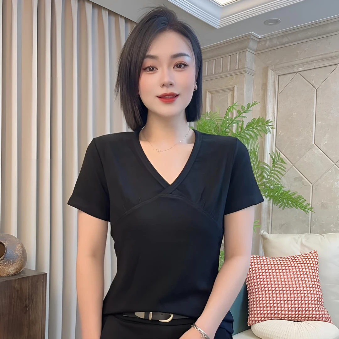 依骊汇夏款V领设计感时尚百搭短袖显瘦上衣女5572