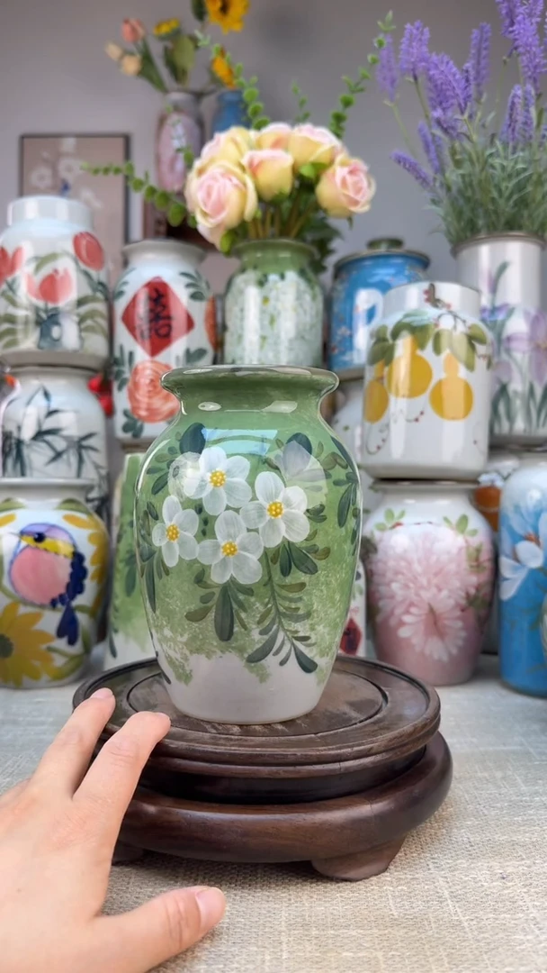 瓶景德镇手绘花器底部无孔内部无釉陶泥材质高温瓷釉下彩