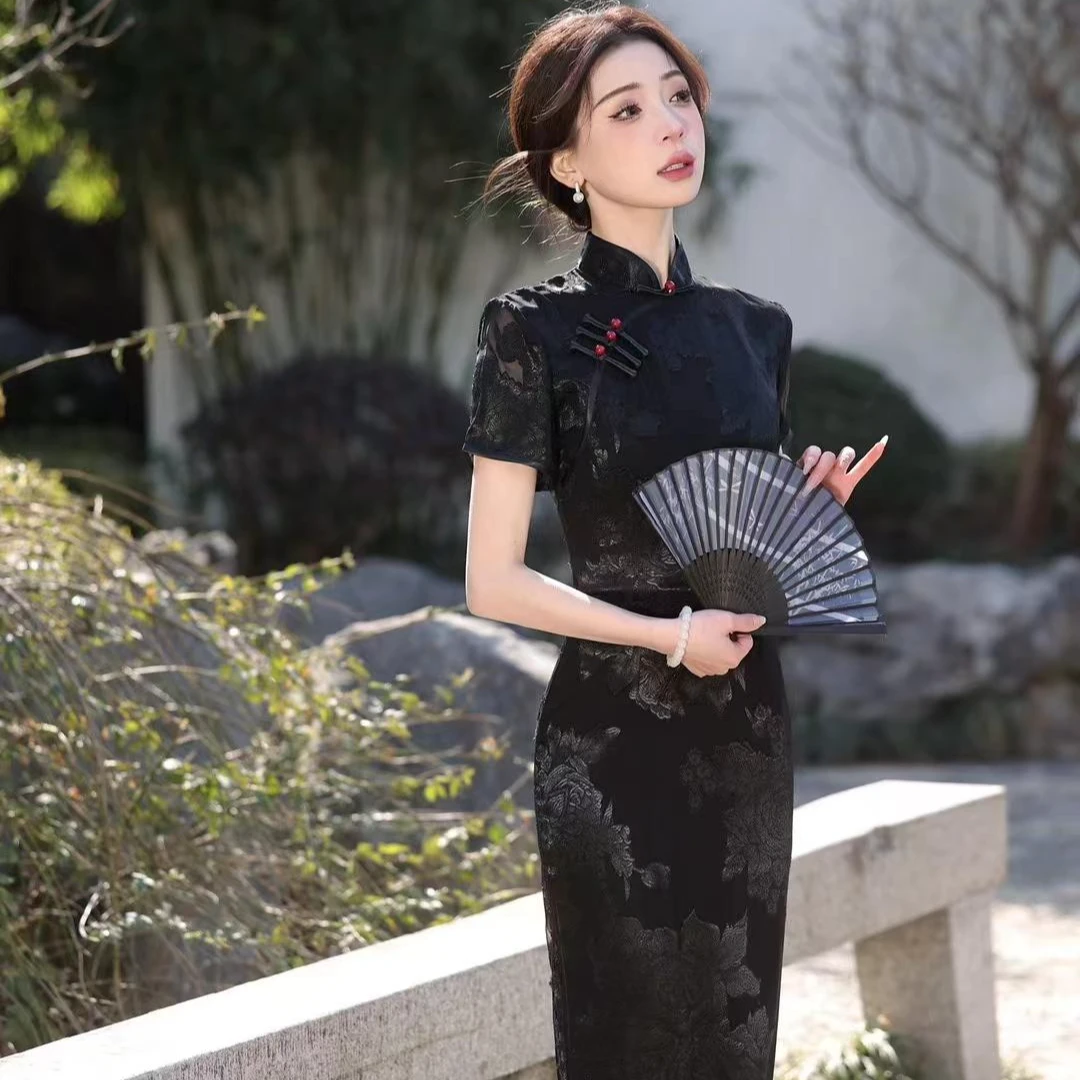 春夏新款2025高端黑色蕾丝花边长款中国风旗袍日常显瘦高级感修身