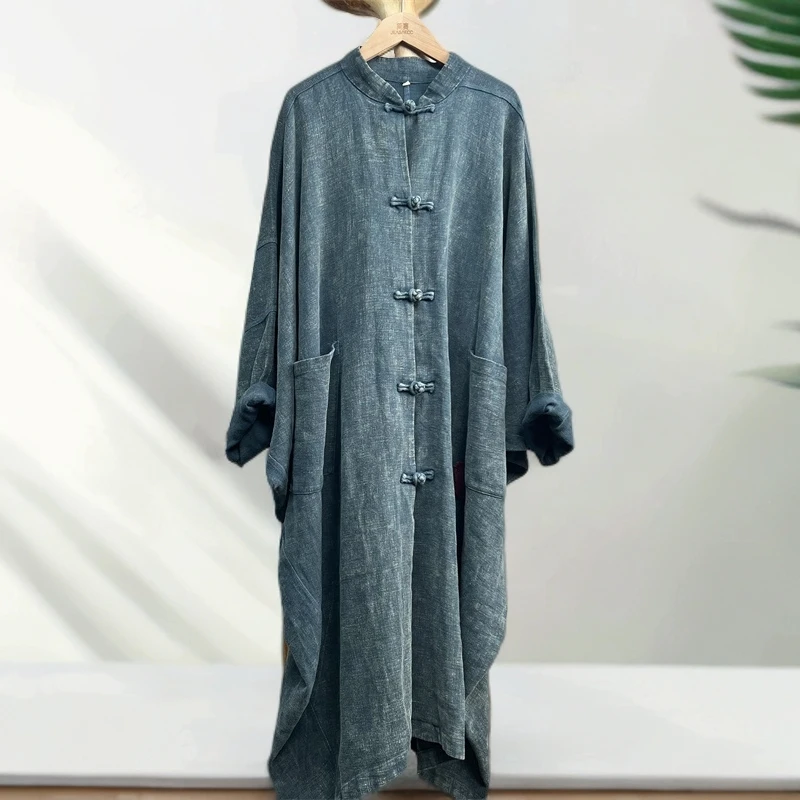 复古亚麻禅意贴布盘扣百搭立领风衣外套春季新款做旧宽松女外袍