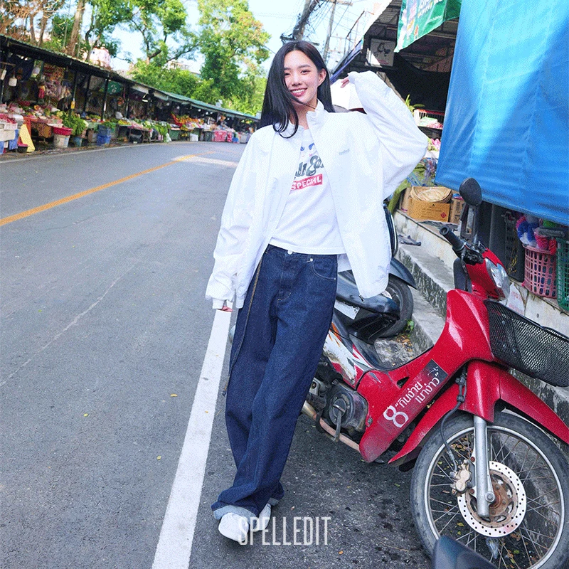 SPELLEDIT2025春季新品深蓝腰带牛仔裤复古水洗宽松直筒裤长裤女