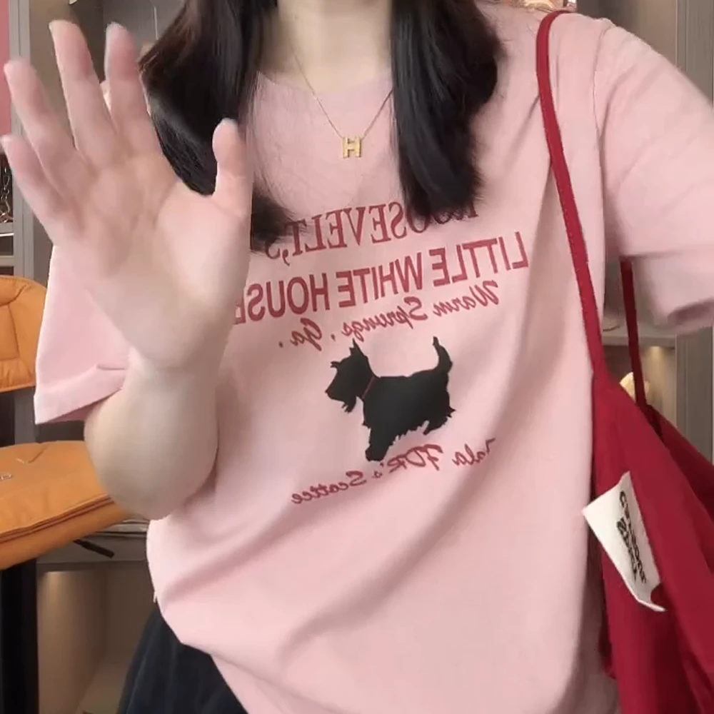 【小黑狗】雪花竹节麻~字母无感印花短袖T恤女夏季新款圆领正肩上衣