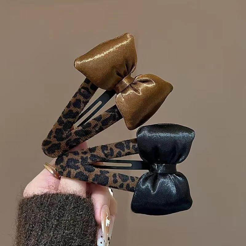 美拉德系丝绒蝴蝶结豹纹发夹边夹侧边发卡前额刘海夹子新款头饰女