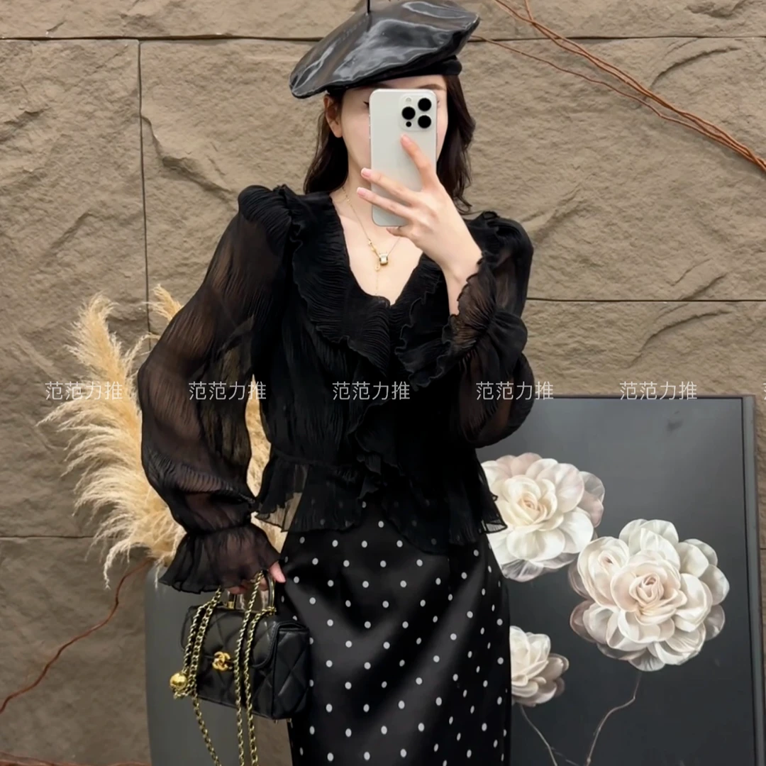 范范力推--慵懒风别致荷叶花边压褶衬衫2025夏季新款宽松显瘦上衣