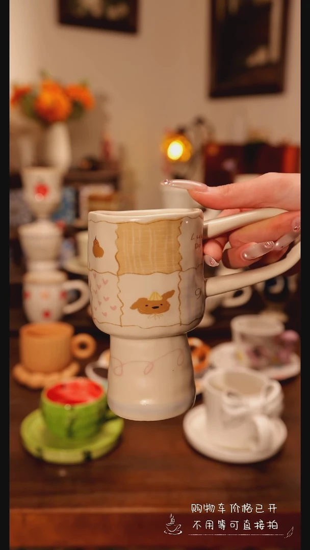 陶瓷便携款粗陶长把手杯   手绘釉下彩