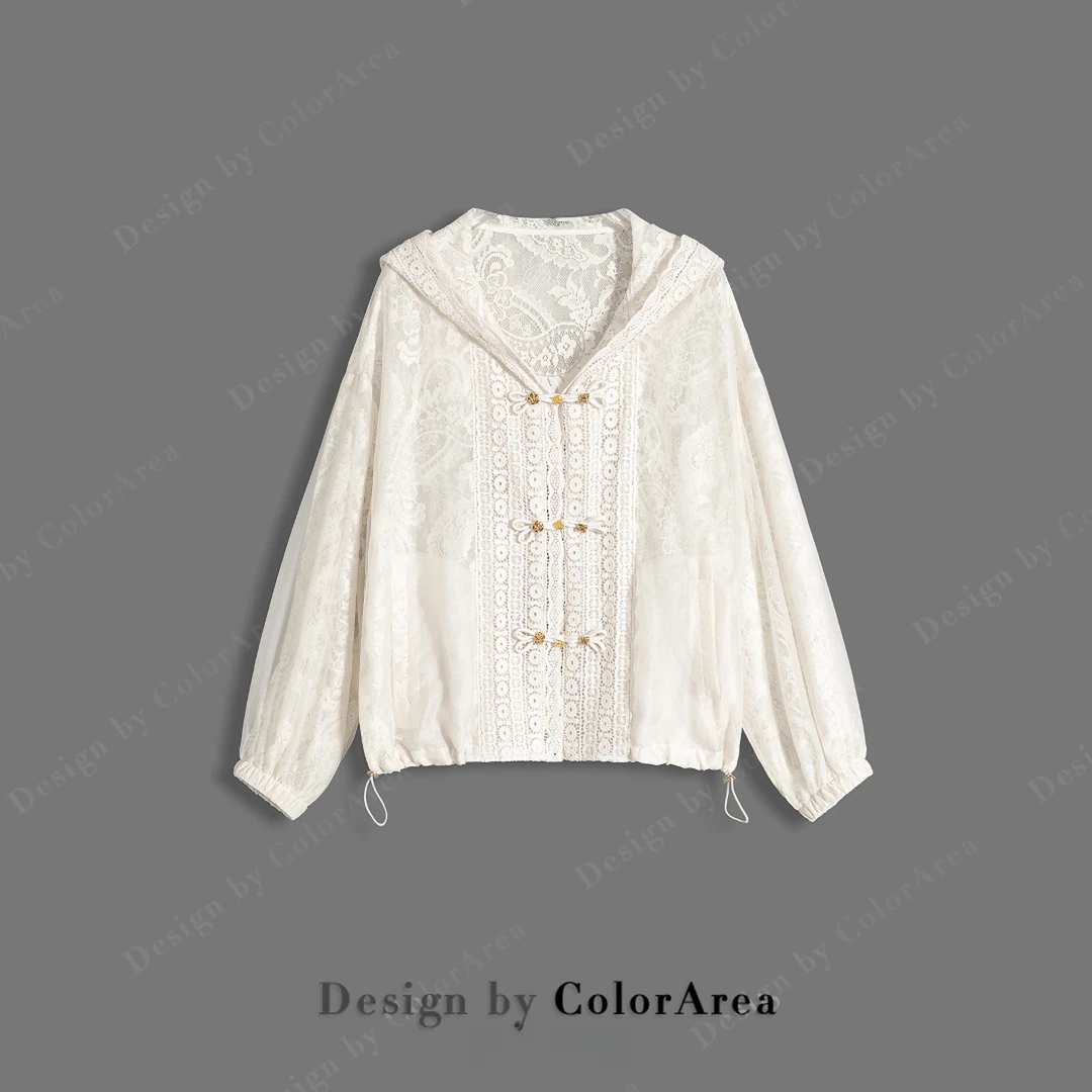 ColorArea/色域春夏设计感蕾丝拼接宽松显瘦新中式盘扣连帽外套