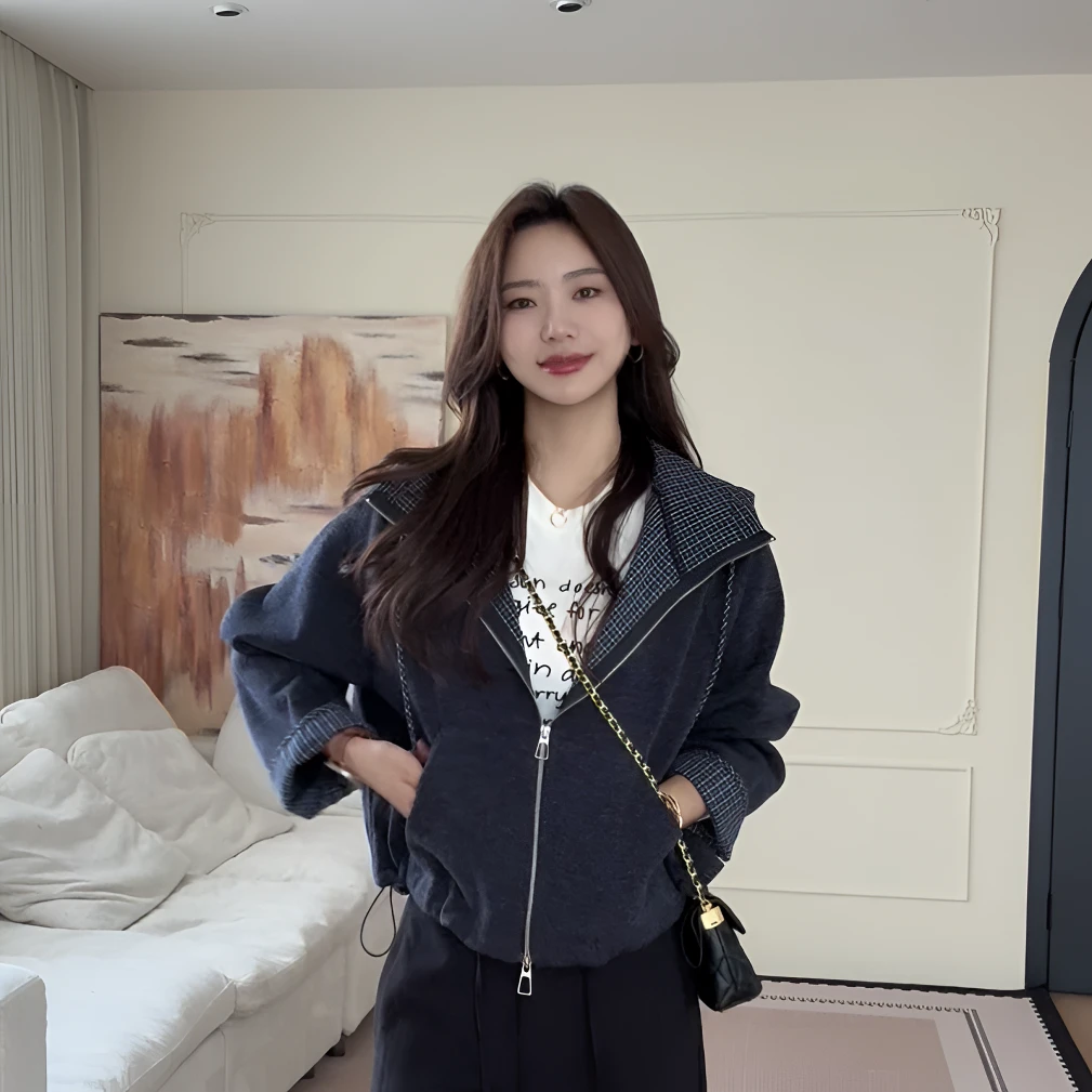 【余欢欢】秋季百搭休闲宽松格子拼接连帽卫衣外套-YHW50782