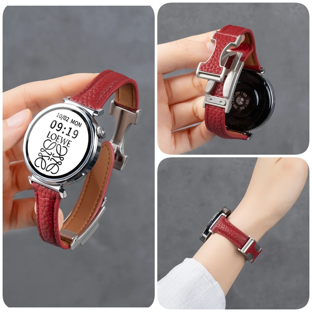 适用华为gt5手表带watch4女款pro真皮荔枝纹磁吸腕带fit3细款腕带