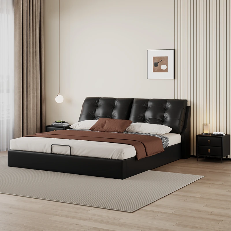 泡芙真皮床实木床复古主卧1.8米双人床意式极简高箱储物卧室大床