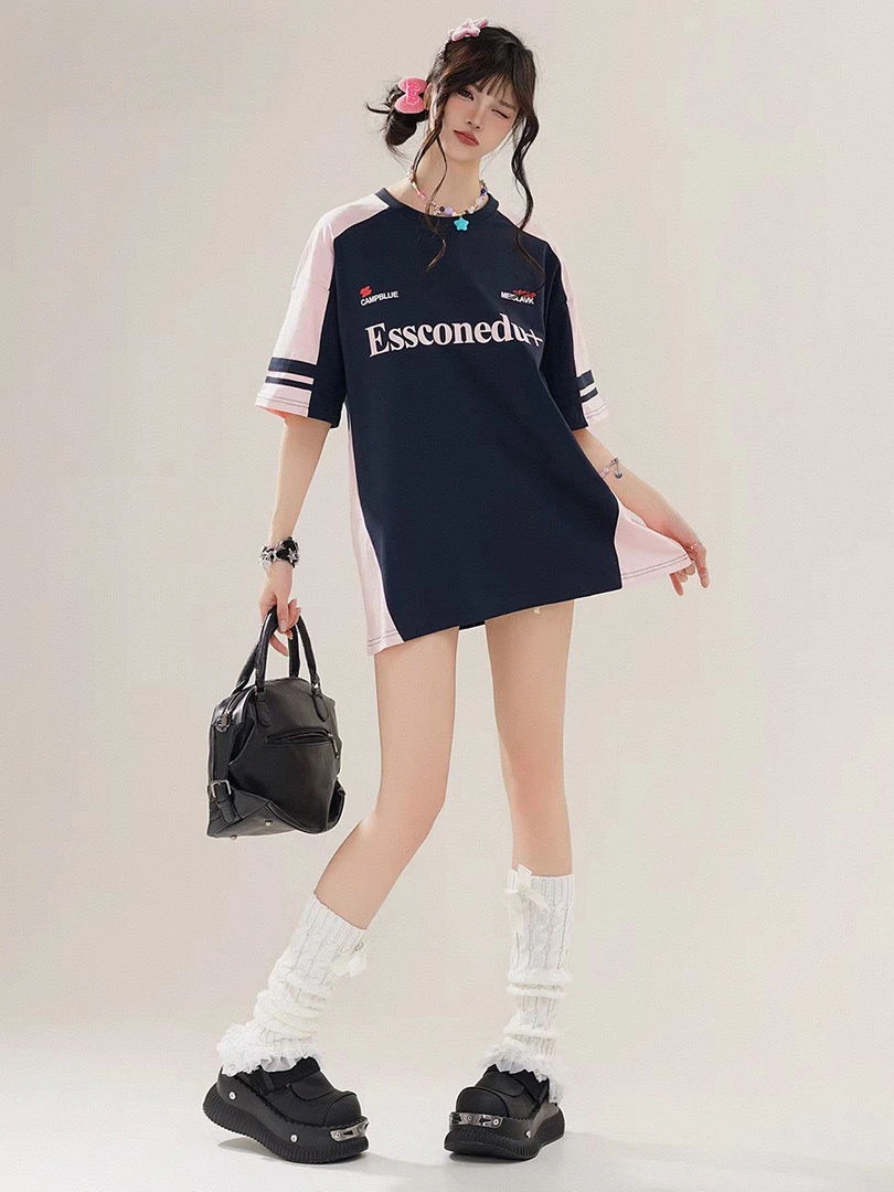 潮牌学院风 拼接撞色情侣印花T恤DX09