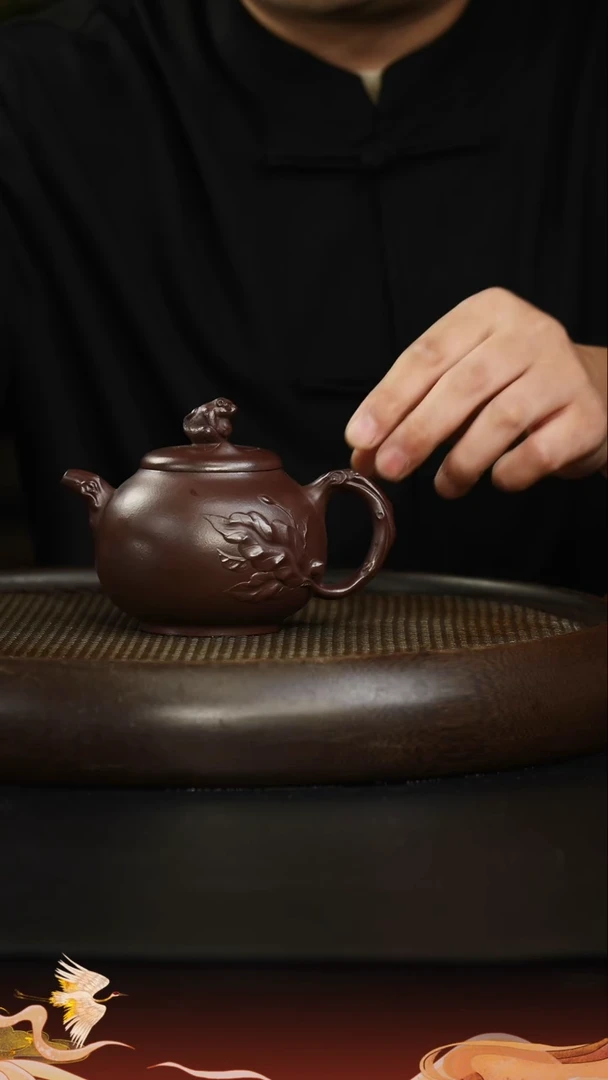 茶壶紫砂紫砂壶12 紫茄泥 灵猴献瑞 230cc左右