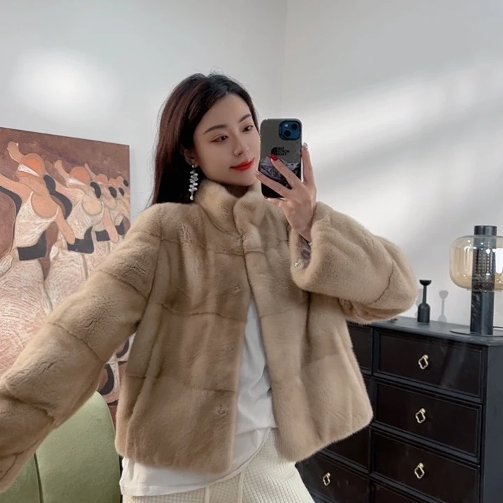 短2级别水貂挽袖横排外套整貂秋冬气质大衣女网宽松冬季韩系