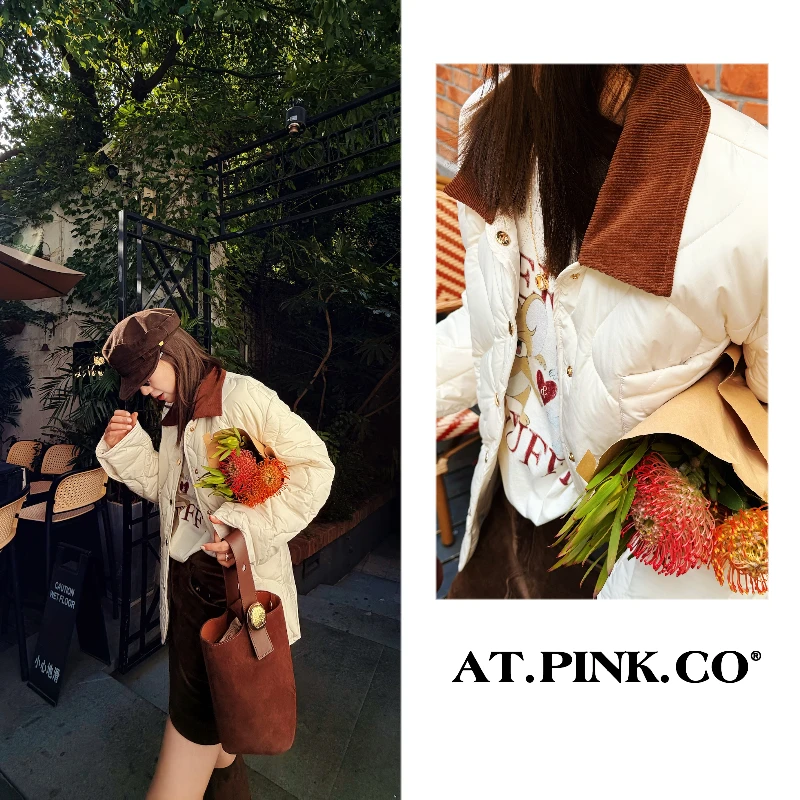 【三三品牌】撞色POLO领棉服外套宽松时尚宽松通勤  FW313