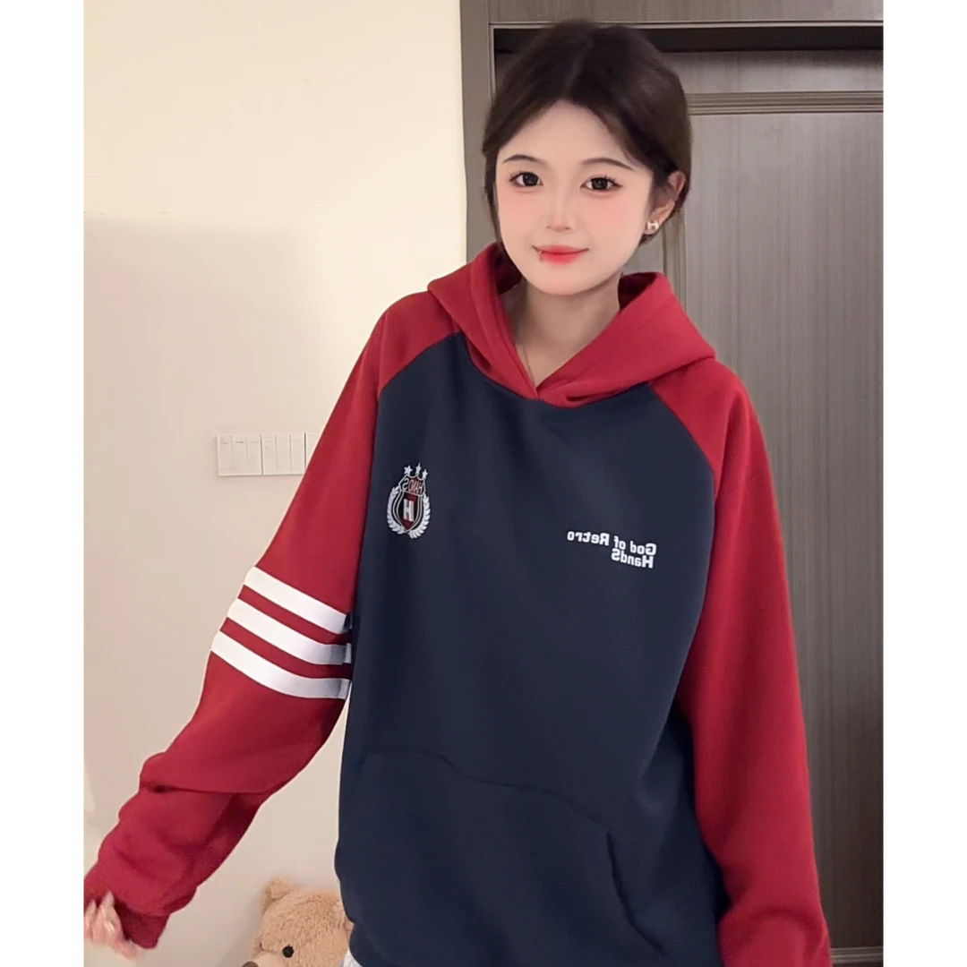 HandSeven连帽重磅拼色厚款春秋卫衣宽松韩版拼撞色男女款外套