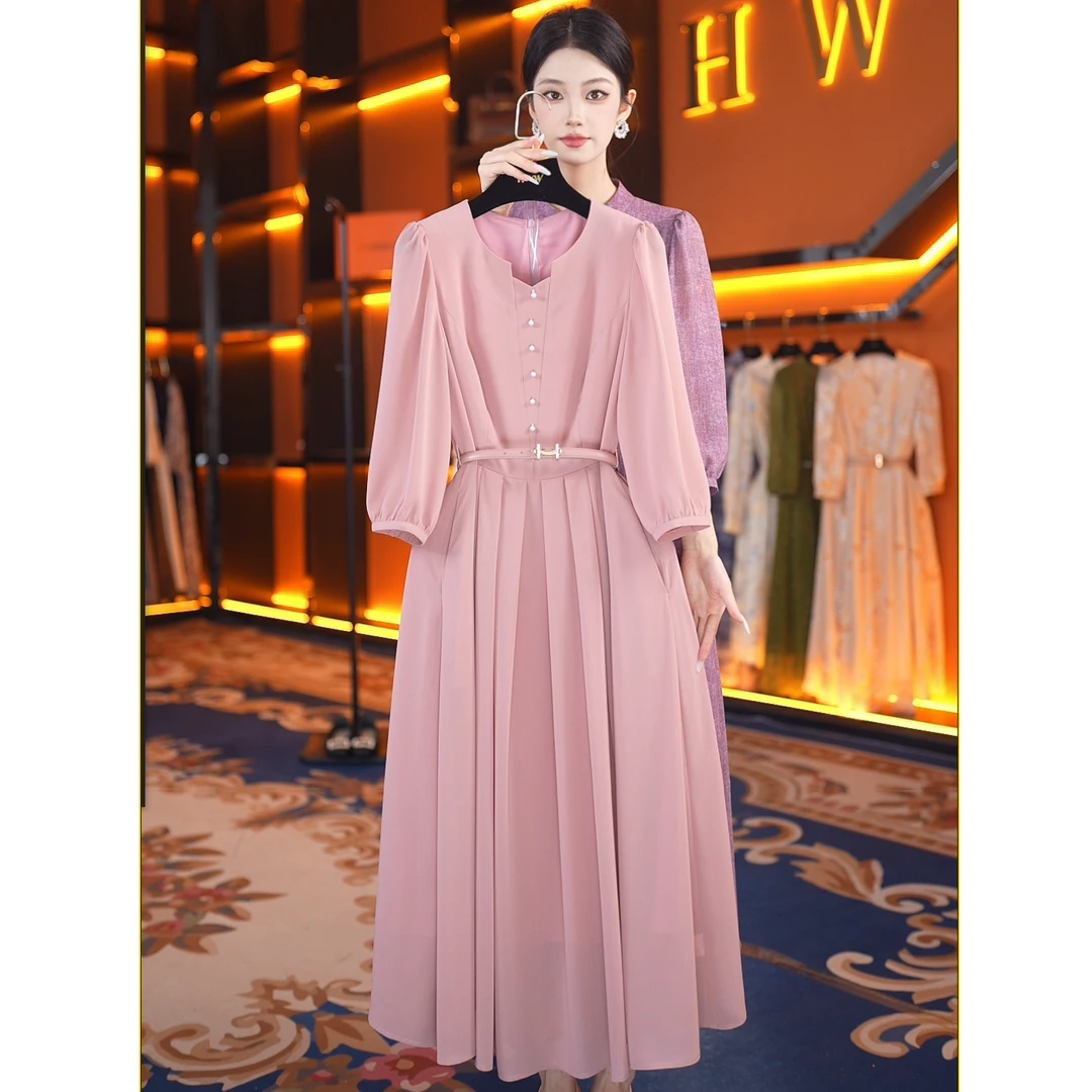 【赫尔温】设计款牡丹粉时尚收腰显瘦连衣裙DHZFF50693