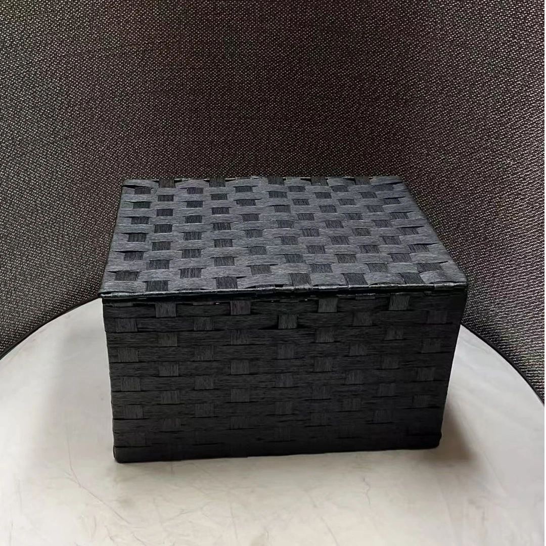 3590瑕疵款 长39宽29高23CM 牛筋绳编织家用收纳筐带盖黑色储物篮