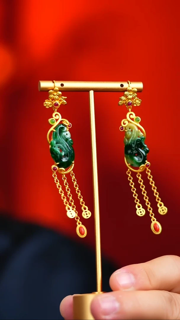 银S925镶嵌翡翠耳饰新款