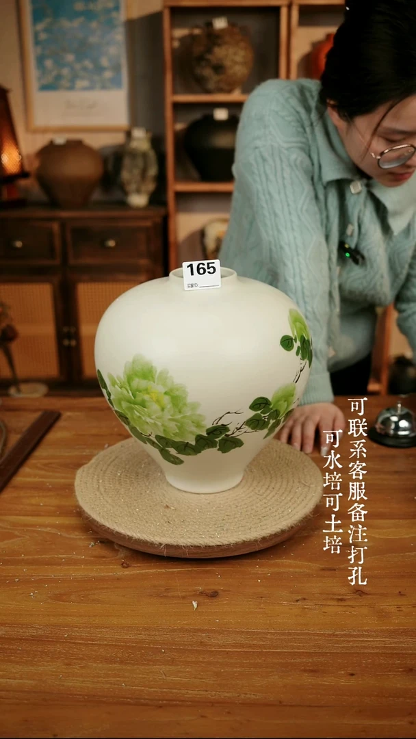 摆件165绿色手绘大肚瓶