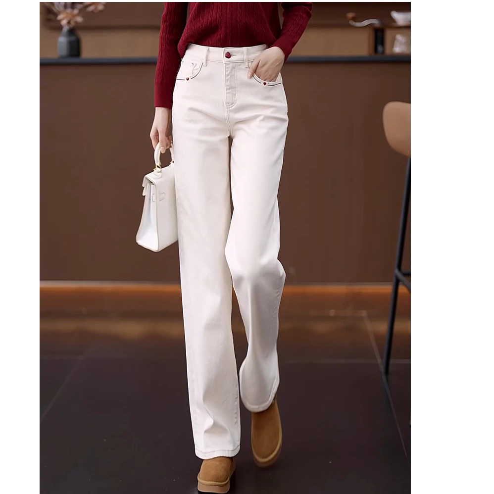 米白色窄版阔腿牛仔裤女秋冬2025新款高腰显瘦刺绣加绒休闲直筒裤