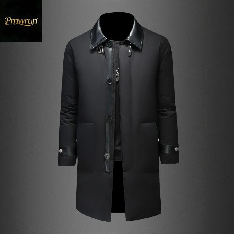 欧洲站潮牌羽绒服男中长款冬季新款时尚加厚简约90白鸭绒休闲外套