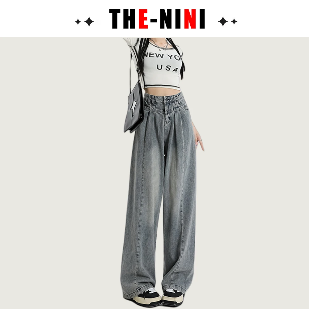 THE NINI阔腿牛仔裤女春夏季新款高腰设计感辣妹宽松直筒拖地长裤