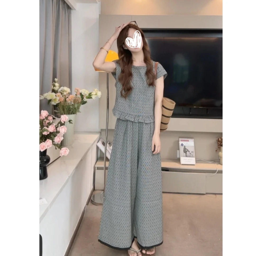灰色减龄木耳边波点背心阔腿裤套装韩系两件套2025夏新款1481