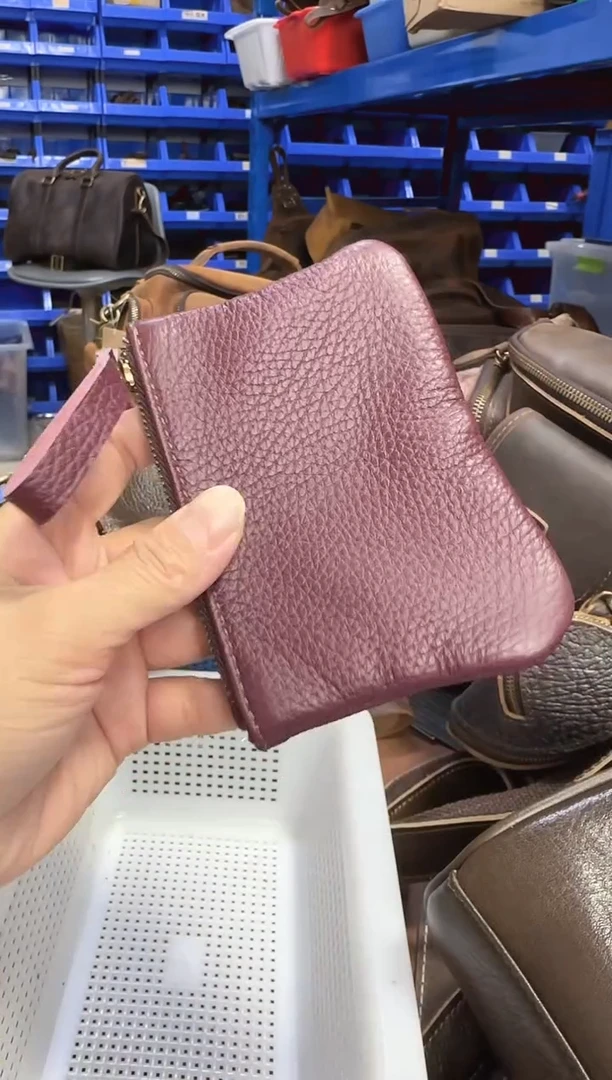 瑕疵真皮鹿皮零钱包深紫色
