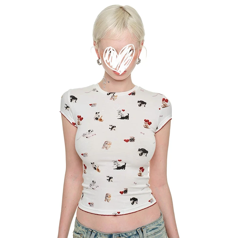 2025新款夏季圆领猫狗印花短袖T恤设计感弹力显瘦卡通上衣女3476