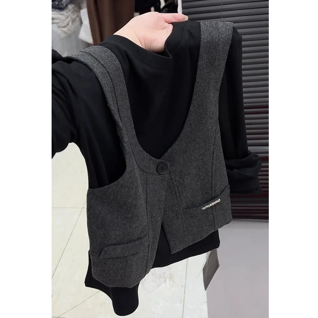 长袖圆领拼色灰色假两件女2025秋冬简约宽松百搭打底马甲叠穿好看