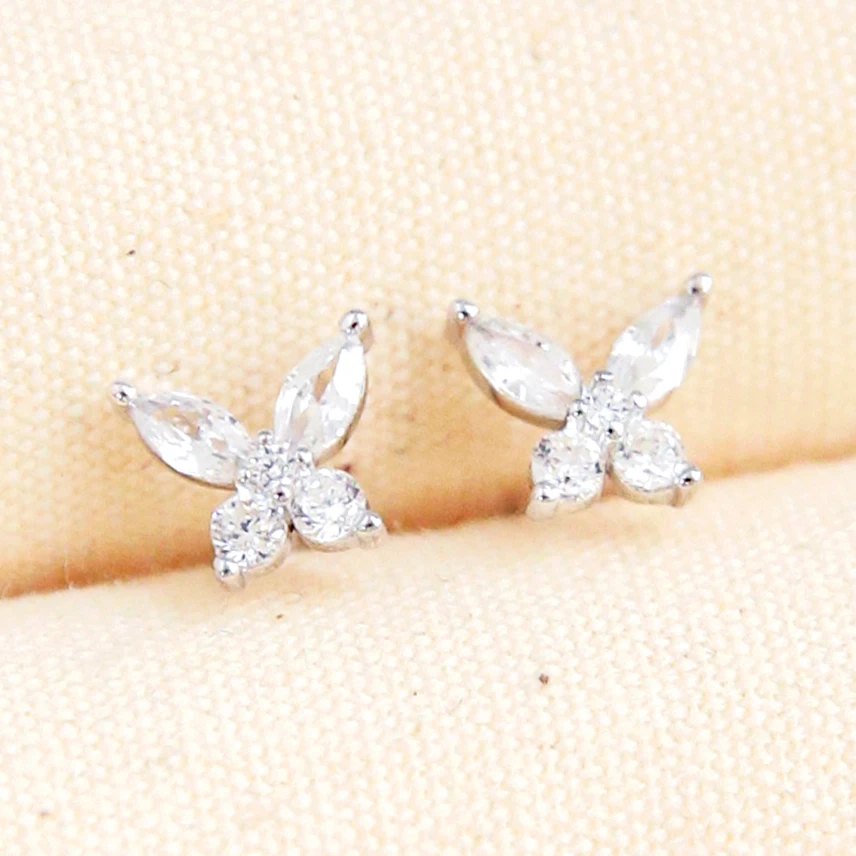 925银耳饰 S925纯银满钻蝴蝶爆闪耳钉养耳朵夏天百搭气质不掉色