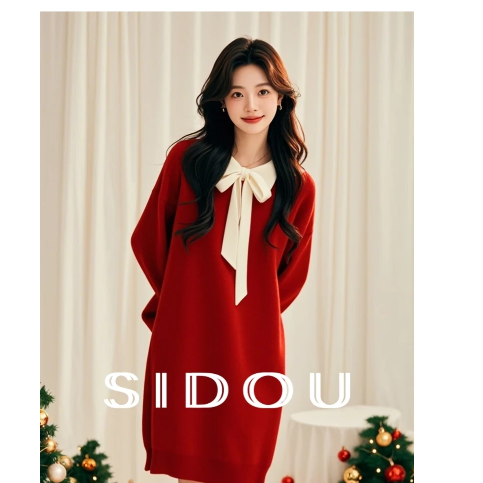 新年战衣过年穿搭拜年服安可拉红色蝴蝶结系带领子长袖针织连衣裙