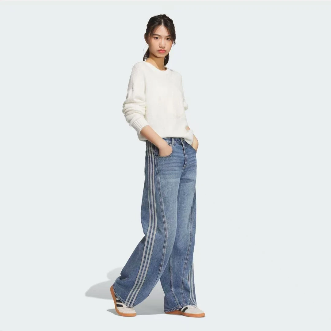 【万象城AD SWC】阿迪达斯条纹舒适亲肤阔腿牛仔裤女款牛仔蓝JN0726