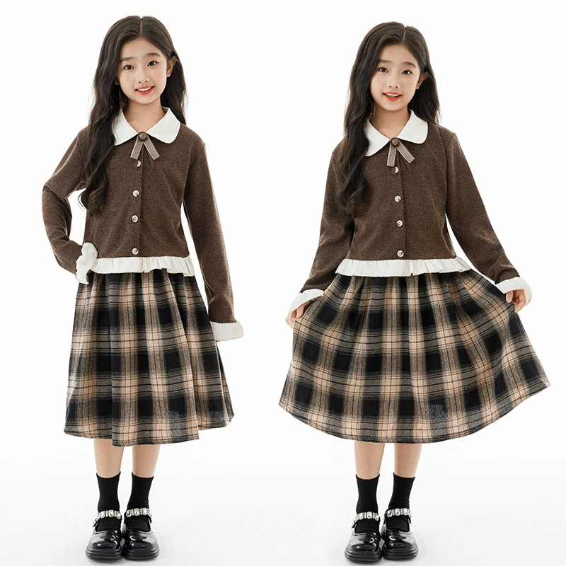 女童秋季两件套2025新款中大童韩版格子裙子女孩气质上衣出游套装