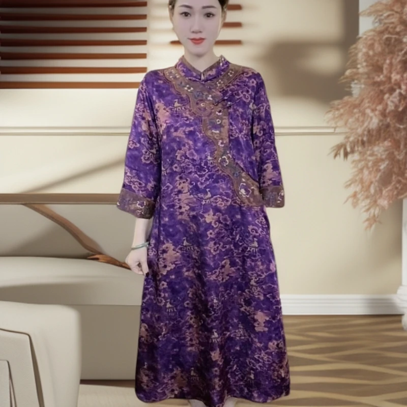 江南鑫雅阁【祥云瑞鹿】新中式优雅气质复古宽松斜襟妈妈装连衣裙